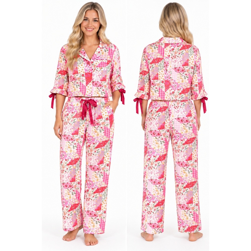 Simply Southern Pink Patchwork Floral Satin Pajama Set NWT Large Crop Top Pants